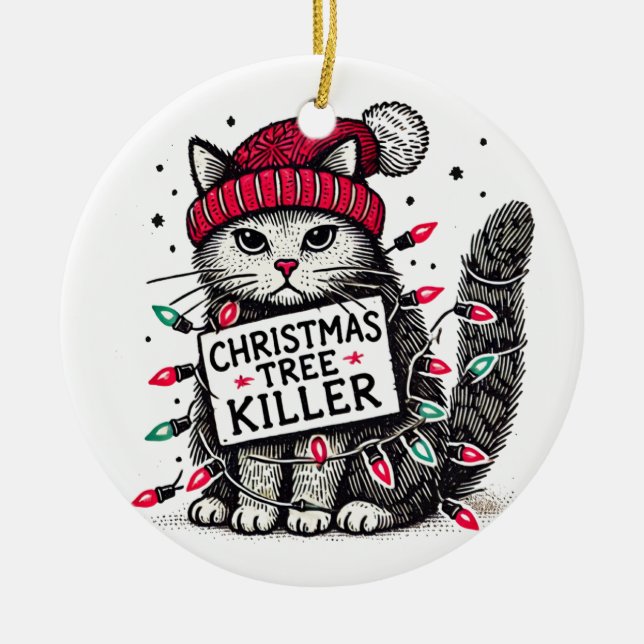 christmas tree killer cat julgransprydnad keramik (Framsidan)
