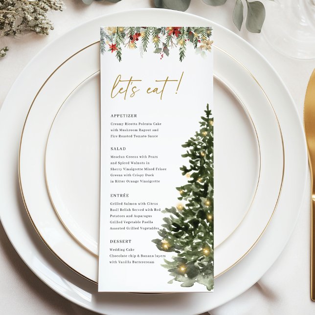 Christmas Tree Lights Pine Winter Wedding Dinner Meny (Christmas wedding menu with pine tree art and winter greenery, elegant festive dinner stationery)
