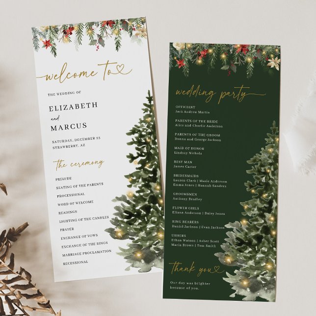 Christmas Tree Lights Pine Winter Wedding Program (Christmas wedding program with watercolor pine tree and winter greenery, elegant holiday ceremony)