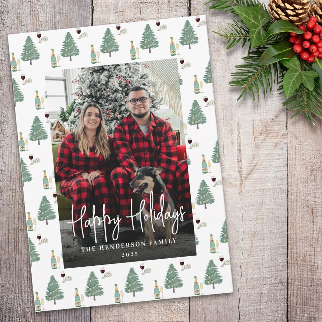Christmas Tree Lights Wine Cheese Custom Photo Julkort (Happy holidays tree lights wine cheese personalized Photo holiday card Watercolor christmas trees)