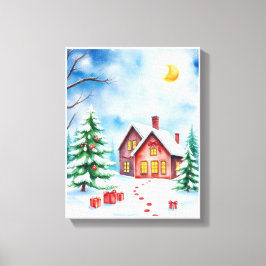 Christmas Tree & Log Cabin Winter Wonderland Canvastryck