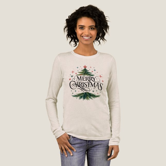 Christmas Tree Merry Christmas Long Sleeve Shirt T (Hel framsida)