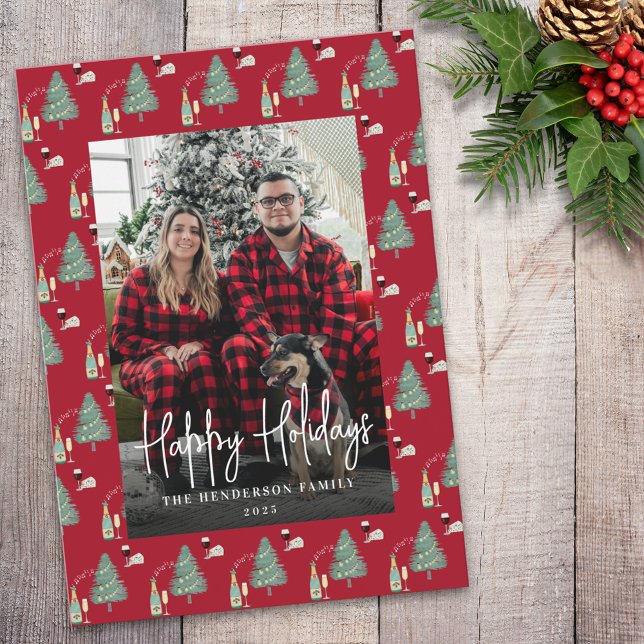 Christmas Tree Music Wine Cheese Custom Photo Julkort (Happy holidays watercolor christmas tree lights wine cheese personalized Photo holiday card)