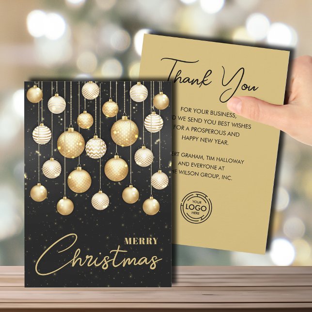 Christmas Tree Ornaments Business Greeting Flat Julkort (White and gold Christmas tree ornaments business greeting holiday cards with logo on back)