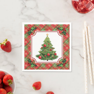 Christmas Tree Red Plaid with Holly Pappersservett