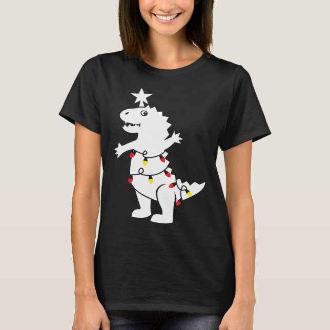 Christmas Tree Rex Dinosaur Xmas Lights Rex Pun Jo T Shirt (Framsida)