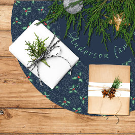 Christmas tree skirt, holly and snowflakes on blue julgransmatta borstad polyester