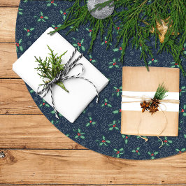 Christmas tree skirt, holly and snowflakes on blue julgransmatta borstad polyester