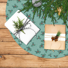 Christmas tree skirt, holly and snowflakes on blue julgransmatta borstad polyester