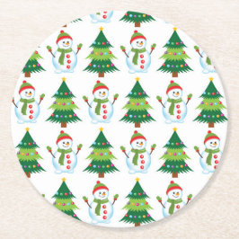 Christmas Tree Snowman Cute Holiday Cute Pattern 6 Underlägg Papper Rund