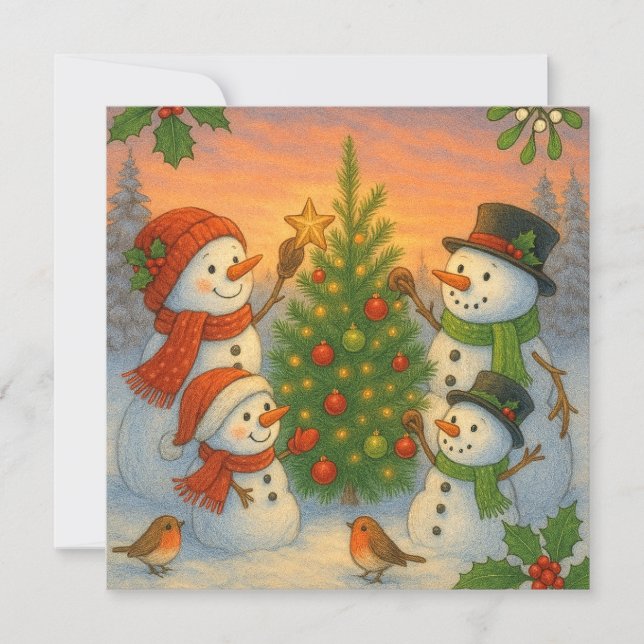 Christmas Tree Snowman Family In Snowy Sunset Julkort (Framsida)
