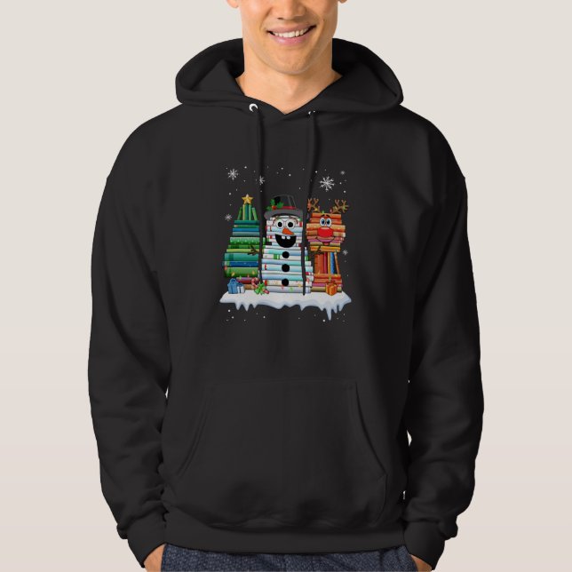 Christmas Tree Snowman Reindeer Book Stack Librari Hoodie (Framsida)