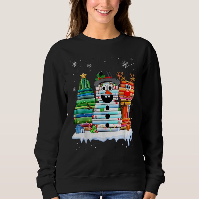Christmas Tree Snowman Reindeer Book Stack Librari T Shirt (Framsida)