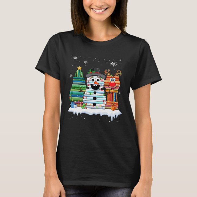 Christmas Tree Snowman Reindeer Book Stack Librari T Shirt (Framsida)