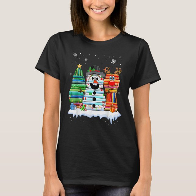 Christmas Tree Snowman Reindeer Book Stack Librari T Shirt (Framsida)