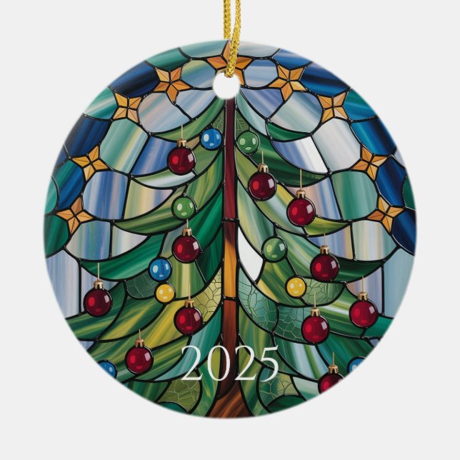 Christmas Tree Stained Glass 2025 Design Julgransprydnad Keramik (Framsidan)