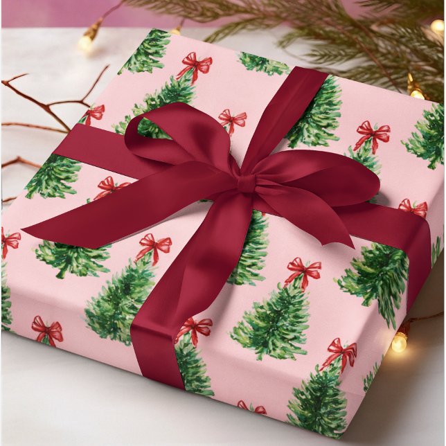 Christmas Tree with Red Bow | Pink Wrapping Paper Presentpapper (Skapare uppladdad)