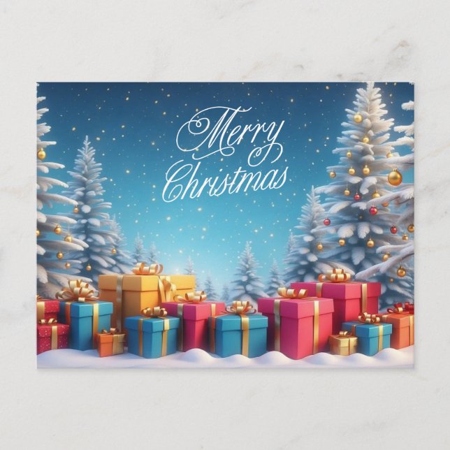 Christmas Trees and Gift Boxes Winter Landscape  Helg Vykort (Framsida)