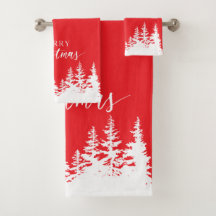 Christmas Trees Bath Towel Set Red and White