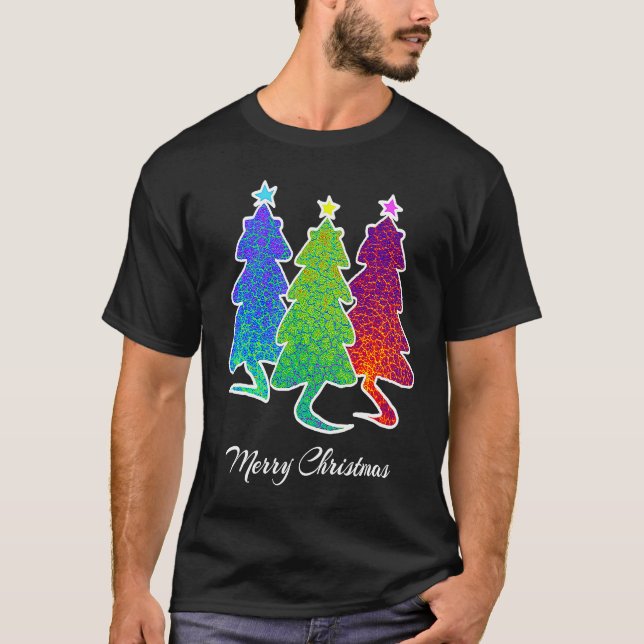 Christmas Trees Cat Lizard Dinosaur Rat Blue Green T Shirt (Framsida)