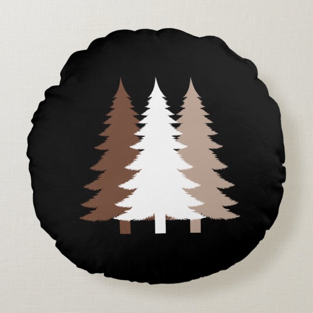 Christmas Trees In White & Chocolate Brown Tones Rund Kudde (Framsidan)