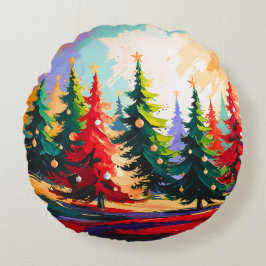 Christmas Trees painting Landscape Rund Kudde