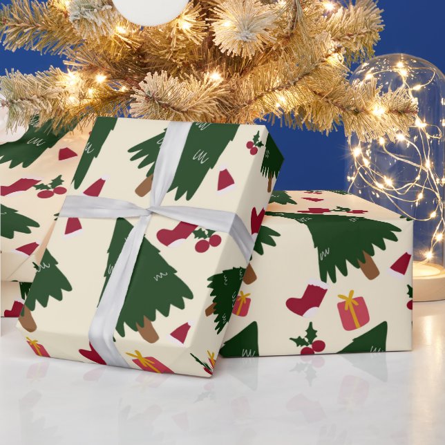 Christmas Trees, Stockings and Berries  Presentpapper (Helgdagar)