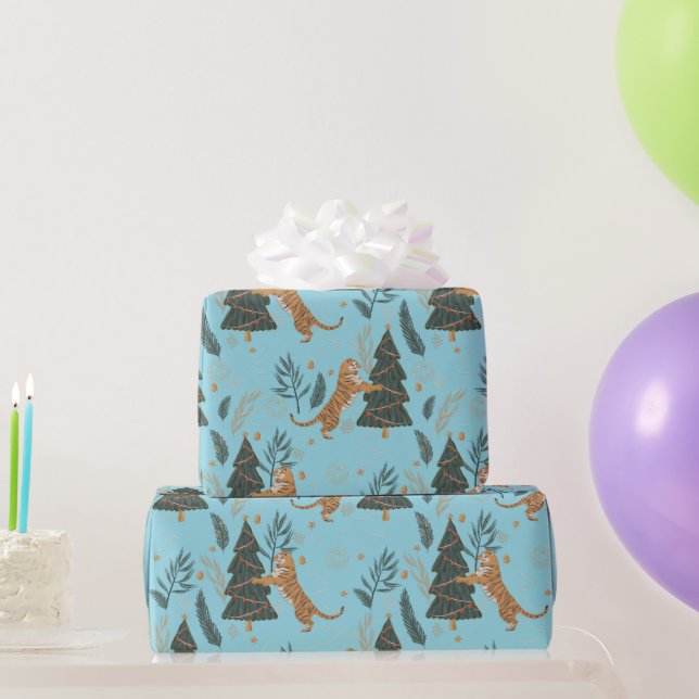 Christmas trees & tigers pattern Blue background Presentpapper (Festgåvor)
