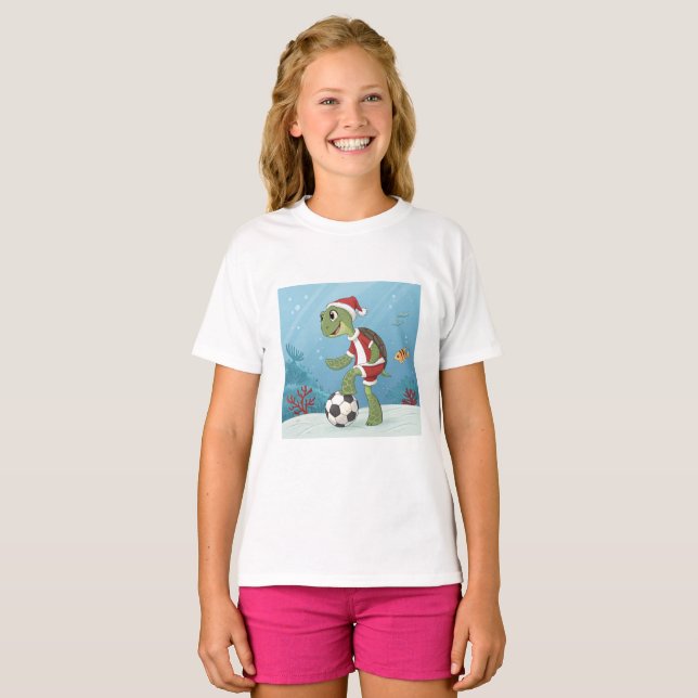 Christmas Turtle playing football T Shirt (Hel framsida)