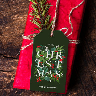 CHRISTMAS Typography Greenery Berries Helgdag Presentetikett