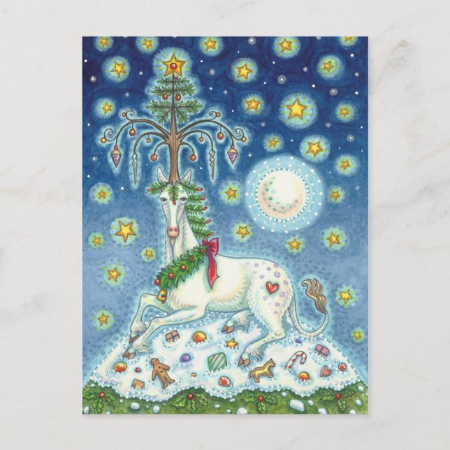 CHRISTMAS UNICORN, MAGIC HORN TRÄD, FANTASY HORSE VYKORT (Framsida)
