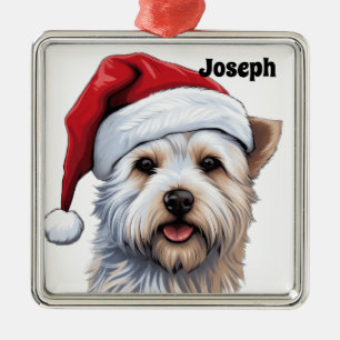 CHRISTMAS VÄSTER HIGHLAND WHITE HUND MED SANTA HAT JULGRANSPRYDNAD METALL