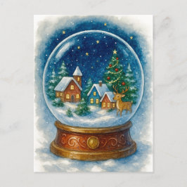 Christmas Village at Night Snow Globe Postcard Helg Vykort