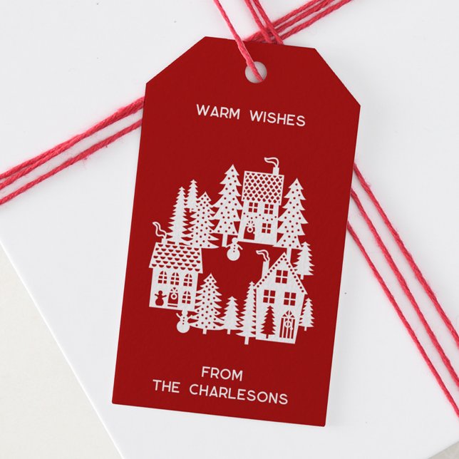 Christmas Village Red and White Personalized Presentetikett (Christmas Village red and white personalized name and greeting gift tags)