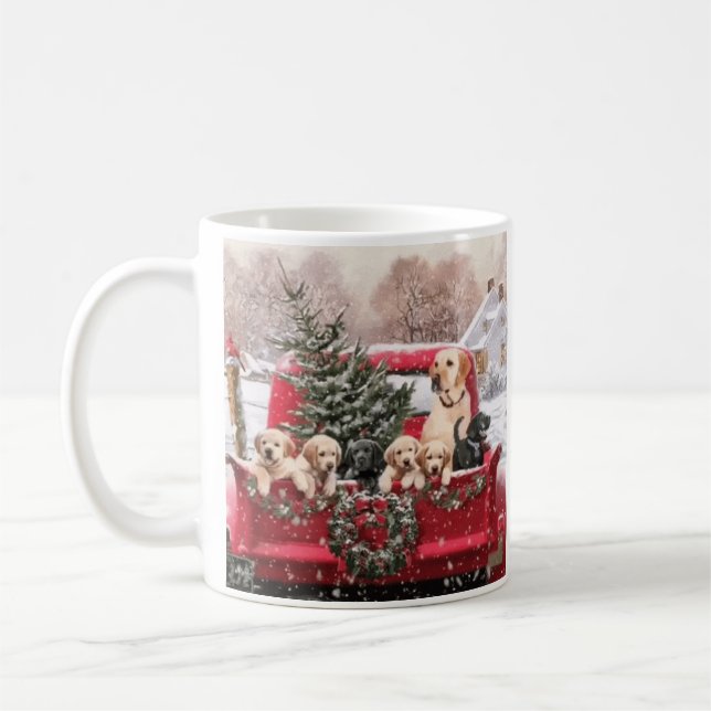  Christmas Vintage Red Truck With Puppies Dogs  Kaffemugg (Vänster)