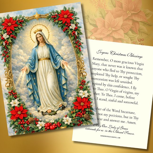 Christmas Virgin Mary Memorare Prayer Poinsettia Visitkort (Skapare uppladdad)