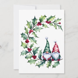 Christmas Watercolor Gnomes Sitting On Holly Twig Julkort