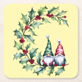 Christmas Watercolor Gnomes Sitting On Holly Twig Underlägg Papper Kvadrat