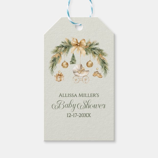 Christmas Watercolor Greenery Winter Baby Shower Presentetikett (Framsidan)