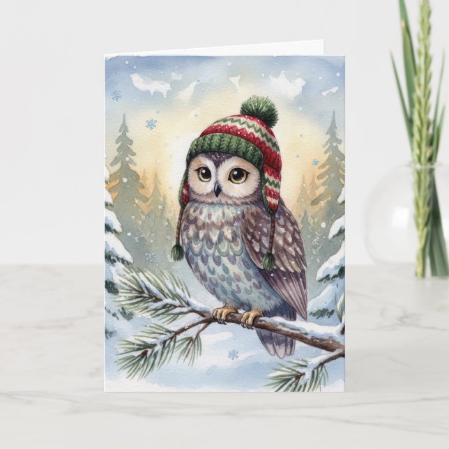 Christmas Watercolor Owl In Winter Hat Kort (Framsida)