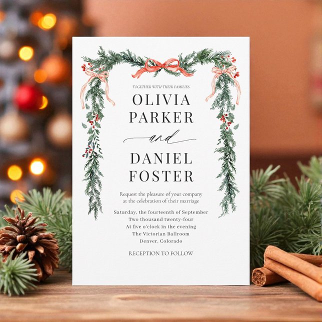 Christmas Watercolor Red Bow Winter Wedding Inbjudningar (Skapare uppladdad)