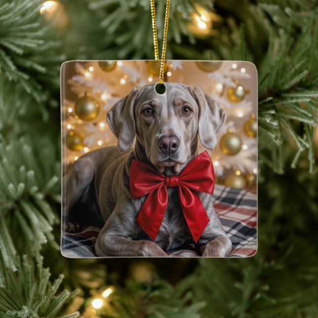 Christmas Weimaraner Dog With Red Bow Julgransprydnad Keramik (Träd)