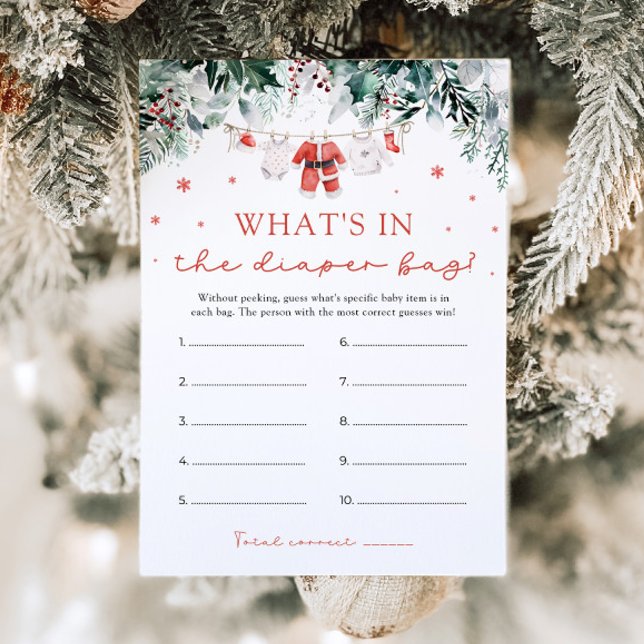 Christmas What's In The Diaper Bag Baby Shower  Inbjudningar (Watercolor Christmas Santa What's In The Diaper Bag Baby Shower Game)