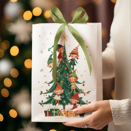 Christmas Whimsical Elves Decorating Tree Gift Bag