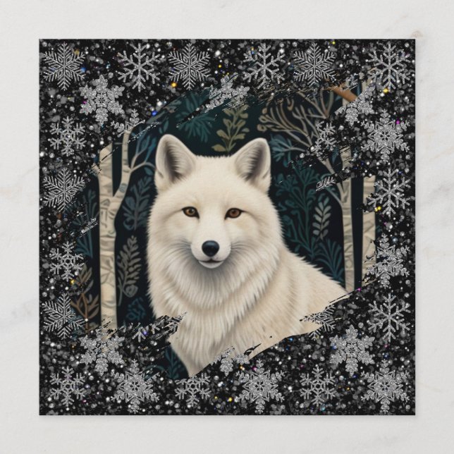 Christmas white fox white wolf sparkling snowflake inbjudningar (Framsida)
