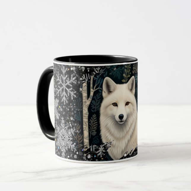 Christmas white fox white wolf sparkling snowflake mugg (Framsida vänster)
