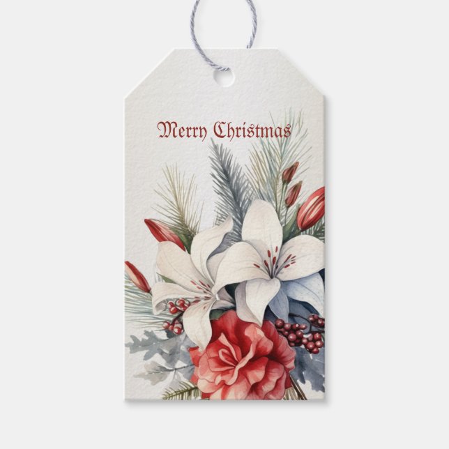 Christmas White Red Flowers Holidays Elegant Presentetikett (Framsidan)