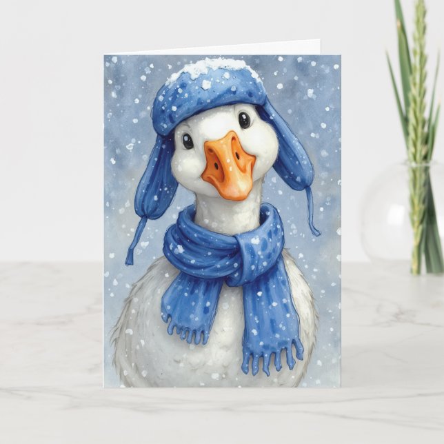 Christmas White Winter Goose With Blue Scarf Kort (Framsida)