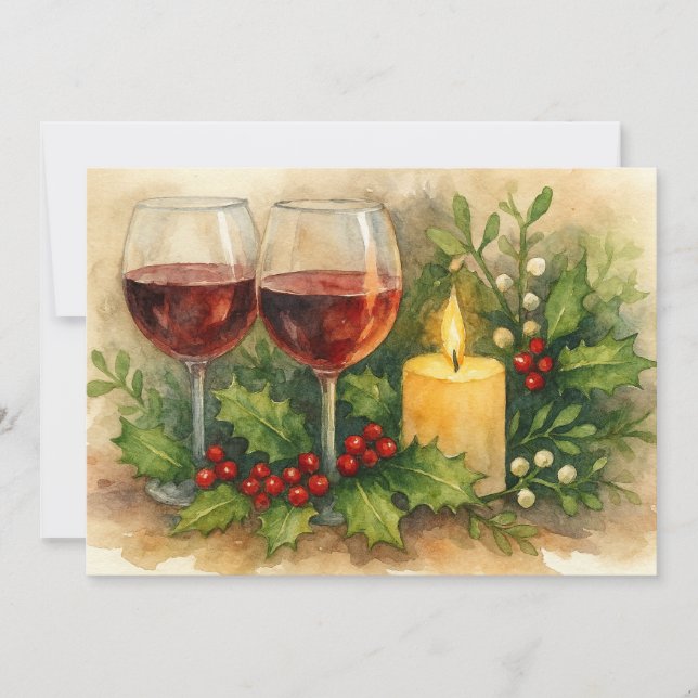 Christmas Wine Glasses Candle Holly & Mistletoe Julkort (Framsida)