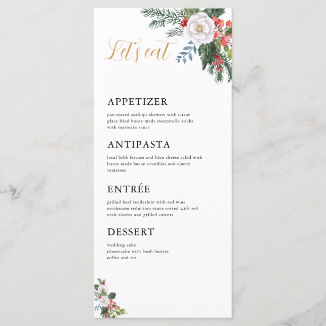 Christmas Winter Bridal Shower Let's Eat Menu Meny (Framsida)